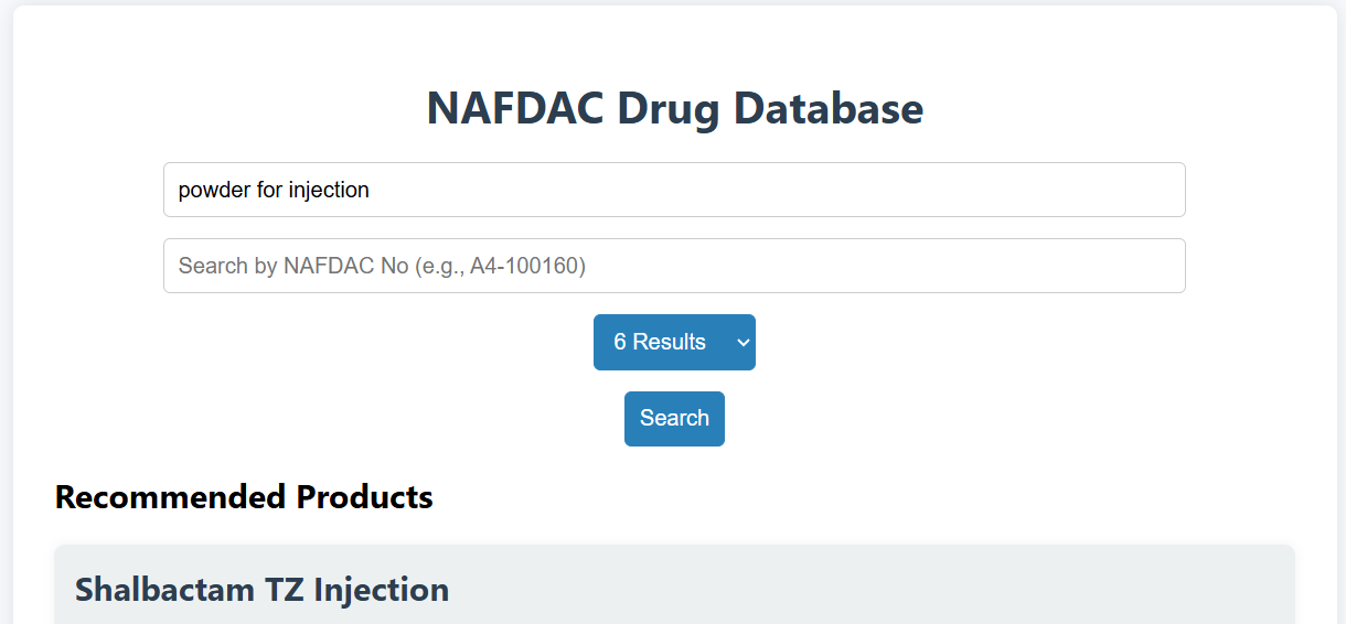 NAFDAC Drug Database Screenshot