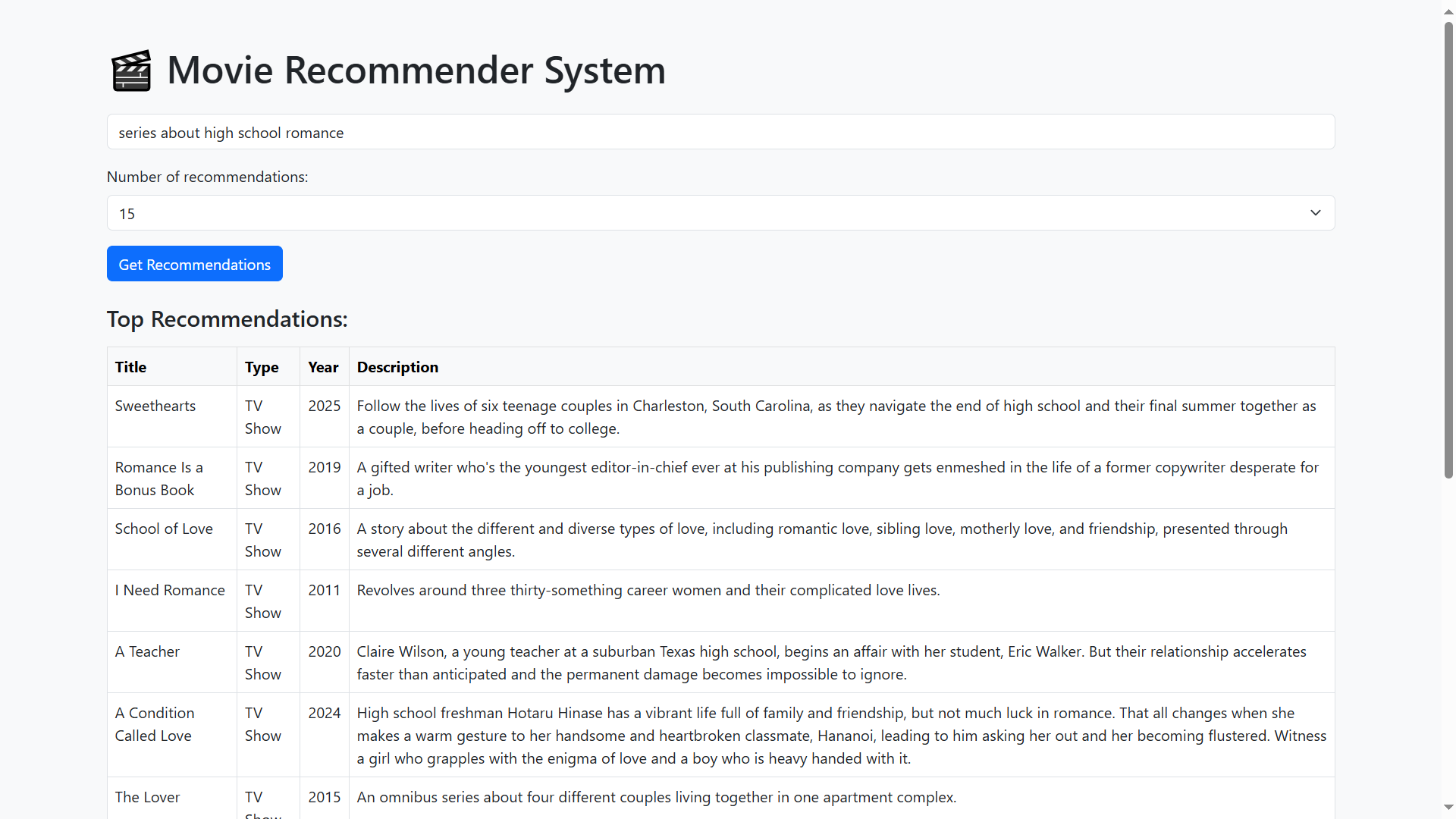 Recommender Engine Screenshot