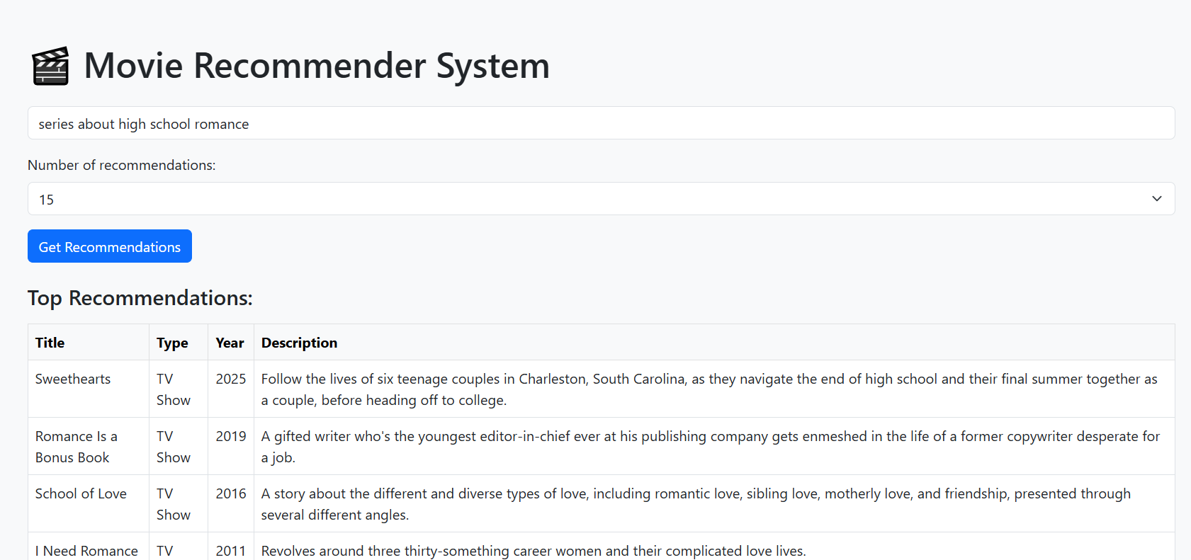 Recommender Engine Screenshot